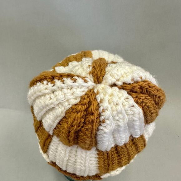 Handmade knit colorblock ivory and golden mustard checkered  stocking hat beanie main image 12